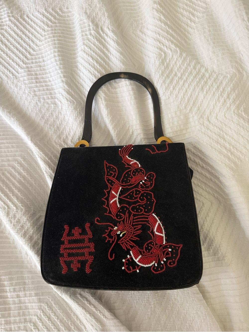 Vintage Black Velvet Handbag with Red Dragon Embroidery